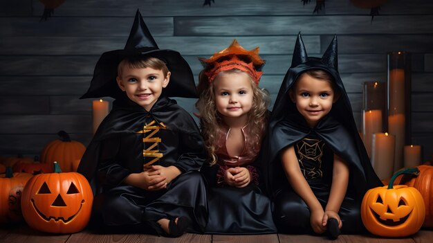 Een groep kinderen verkleed in Halloween kostuums Generatieve AI
