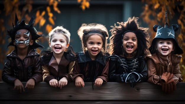 Een groep kinderen verkleed in Halloween-kostuums