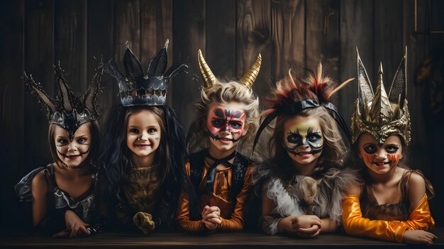 Een groep kinderen verkleed in Halloween-kostuums