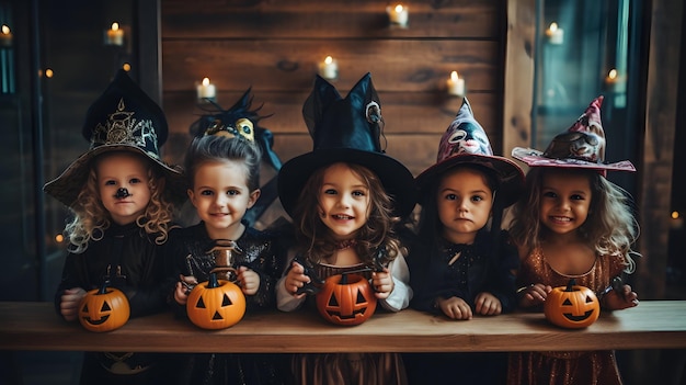 Een groep kinderen verkleed in Halloween-kostuums