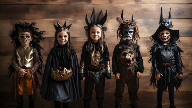 Een groep kinderen verkleed in Halloween-kostuums