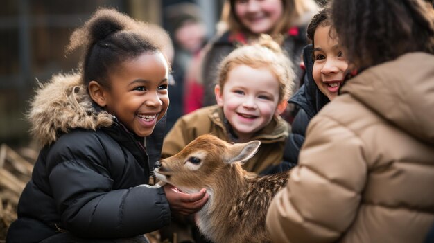 Foto een groep kinderen verzameld rond een baby hert glimlachend en zachtjes zijn zachte vacht aaiend