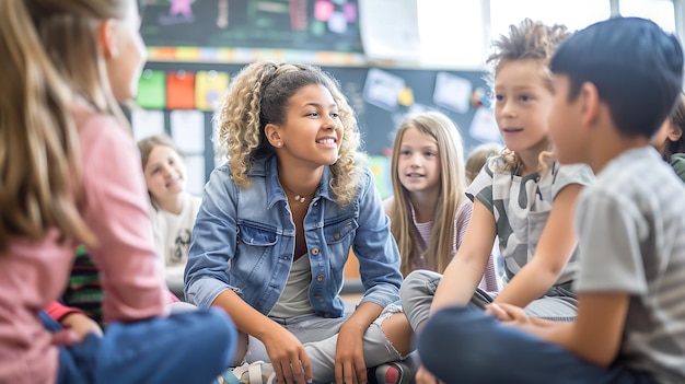 Een groep kinderen zit in een cirkel op de vloer in een klaslokaal. Ze luisteren naar hun leraar die voor hen zit.