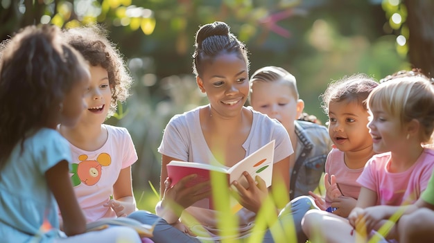 Een groep kinderen zit in een cirkel op het gras en luistert naar een jonge vrouw die een boek leest.