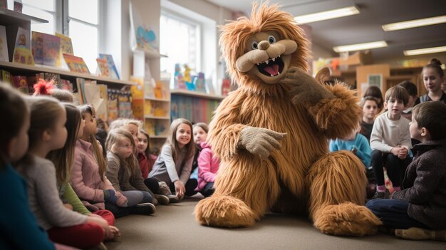 Foto een groep kinderen zit in een kamer met een groot opgezadeld dier