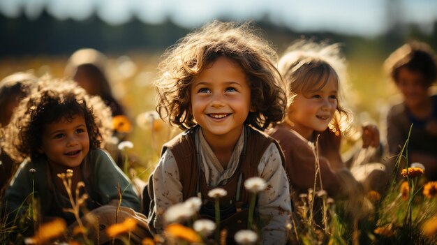 Een groep kinderen zit in een kring op een met gras begroeide heuvel Gemaakt met Generative AI