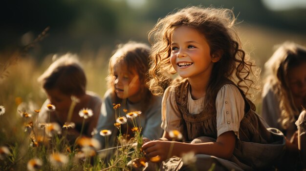 Een groep kinderen zit in een kring op een met gras begroeide heuvel Gemaakt met Generative AI