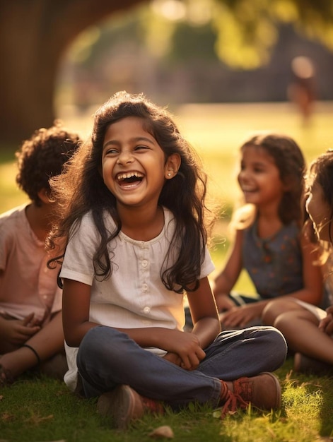 Een groep kinderen zit op het gras en glimlacht.