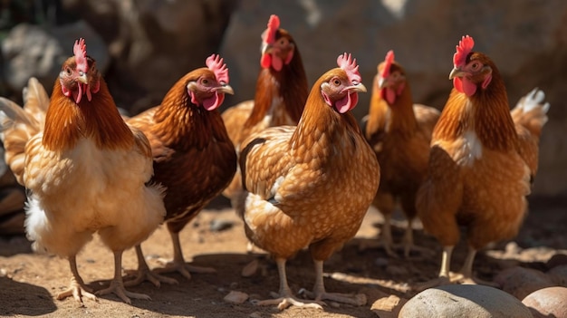 Een groep kippen staat bij elkaar op een erf.