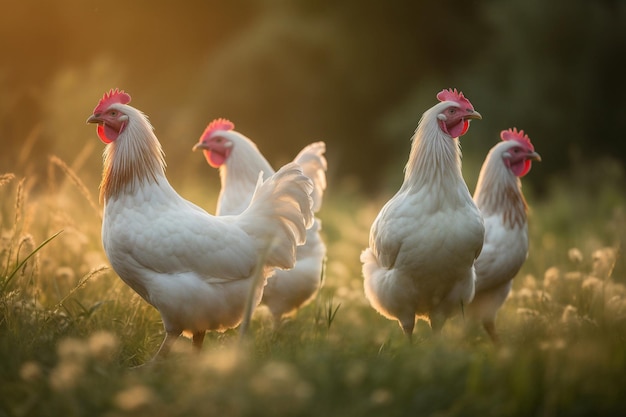 Een groep kippen staat in een weiland waar de zon op schijnt.