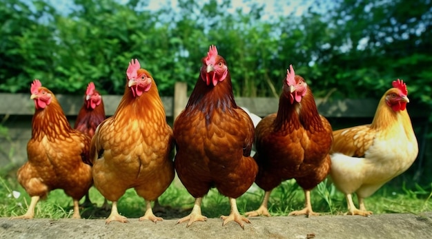 Een groep kippen staat op een richel, waarvan er een 'kippen' staat.