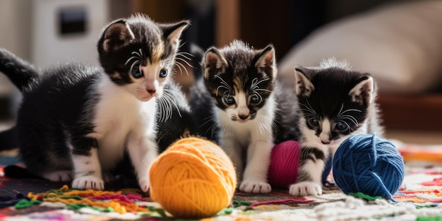 Een groep kittens die met een bol garen spelen Generatief AI-beeld