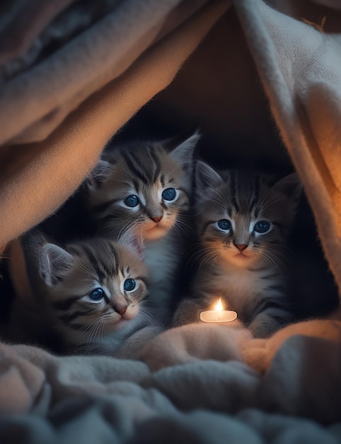 Een Groep Kittens Die Onder Een Deken Zitten