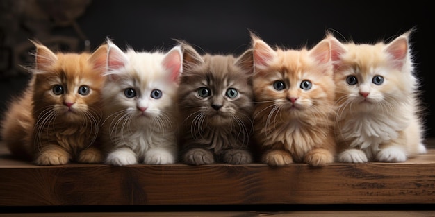 Een groep kittens zit op een houten tafel. Leuke symmetrische panoramische banier.