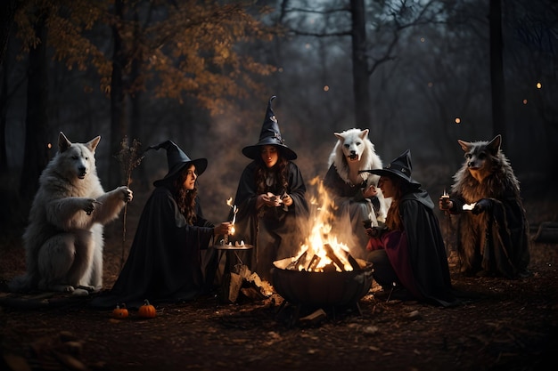 Een groep klassieke Halloween-wezens zoals een heks, een geest, een vampier en een weerwolf