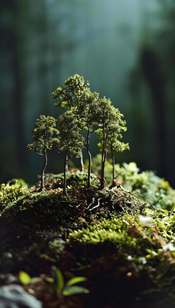 een groep kleine bomen die bovenop een met mos bedekte grond zitten