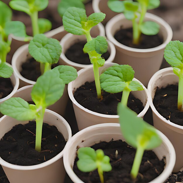 een groep kleine planten in een kleine witte pot