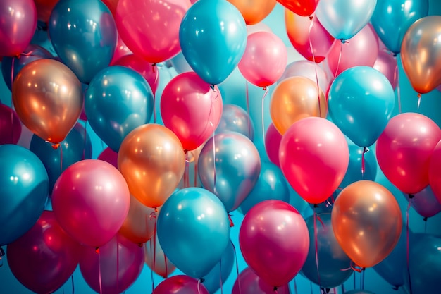 Een groep kleurrijke ballonnen is aan elkaar gebonden en drijft in de lucht.