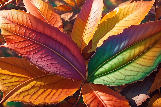 Een groep kleurrijke bladeren met het woord herfst erop