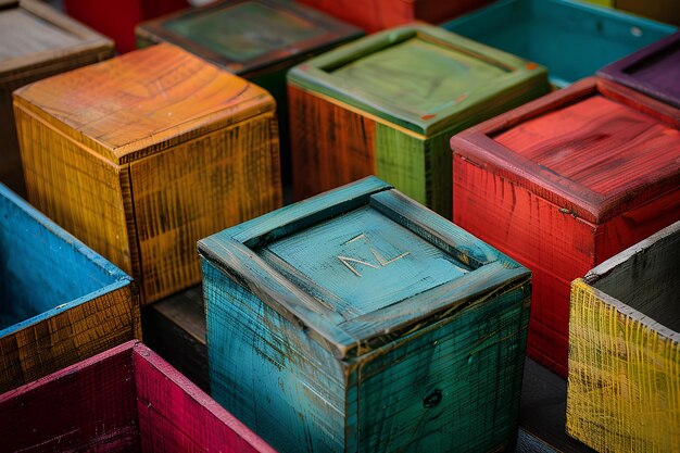 Foto een groep kleurrijke houten dozen die naast elkaar zitten