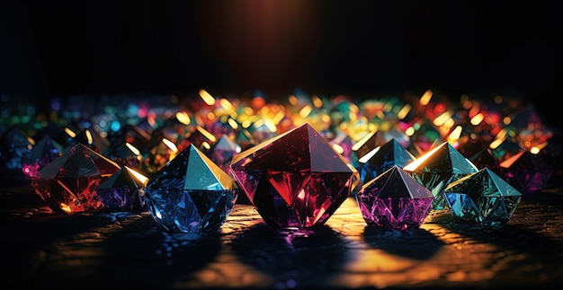 Een groep kleurrijke kristallen ligt verspreid op een tafel.