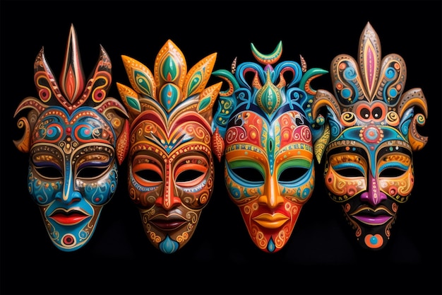Een groep kleurrijke maskers met verschillende ontwerpen erop