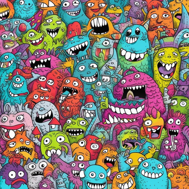 Foto een groep kleurrijke monsters met grote monden en tanden generatieve ai