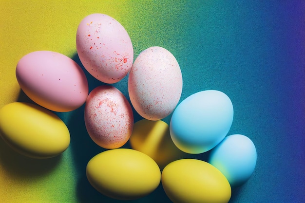 Een groep kleurrijke paaseieren op een regenboogachtergrond