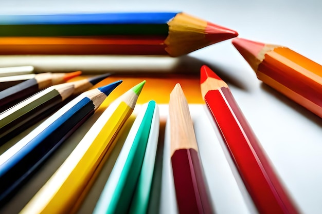 Een groep kleurrijke potloden staat opgesteld op een tafel.
