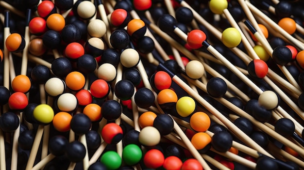 een groep kleurrijke stokken met zwarte ballen