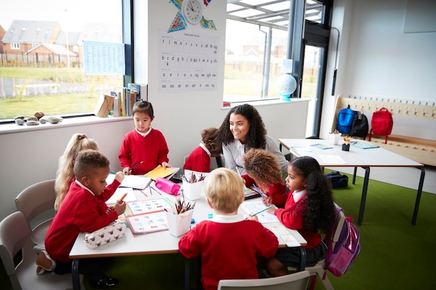 Een groep kleuters die met hun lerares aan een tafel in een klaslokaal zitten