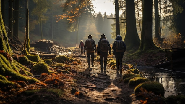 Een groep klimmers die door het bos wandelen