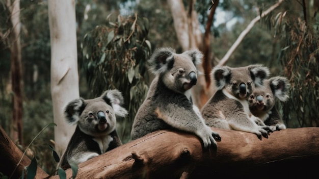 Een groep koala's die op een boomtak zitten Generatief AI-beeld