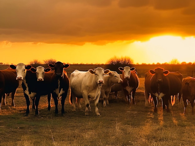 Een groep koeien die zich dichtbij een zonsondergang bevinden