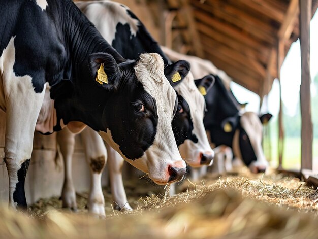 een groep koeien met tags op hun oren staan in hooi