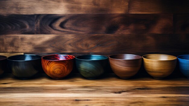 Een groep kommen op een houten tafel