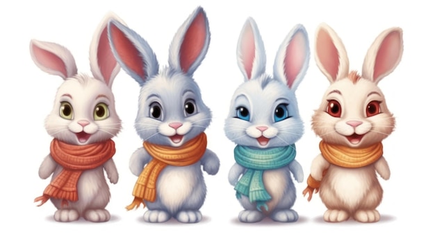 Een groep konijnen met verschillend gekleurde sjaals
