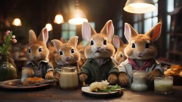 Een groep konijnen zit aan een tafel met een kip erop