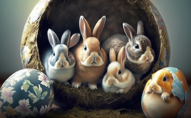 Een groep konijntjes in een paasei