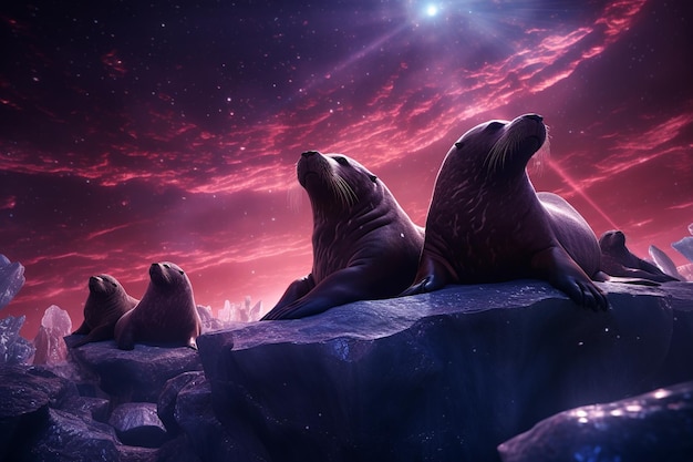 Een groep kosmische zeeleeuwen koestert zich op een drijvende 00235 02