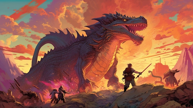 Een groep krijgers die een draak bevechten in een scifi-landschap Fantasieconcept Illustratie schilderij Generatieve AI