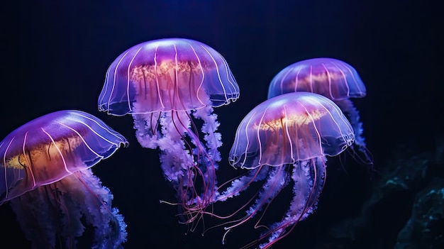 Een groep kwallen in een donker aquarium