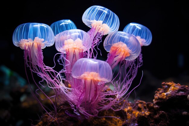 een groep kwallen met roze tentakels