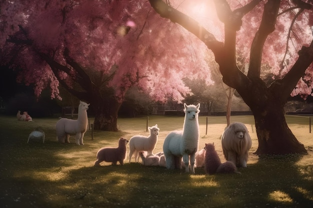 Een groep lama's en een boom met roze bloemen