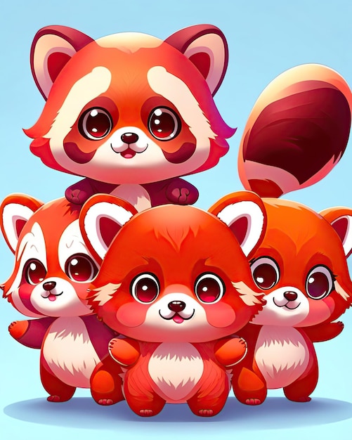 Een groep leuke kawaii rode panda's samen
