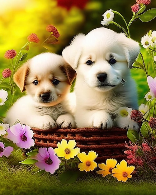 Een groep leuke puppy honden samen met bloemen