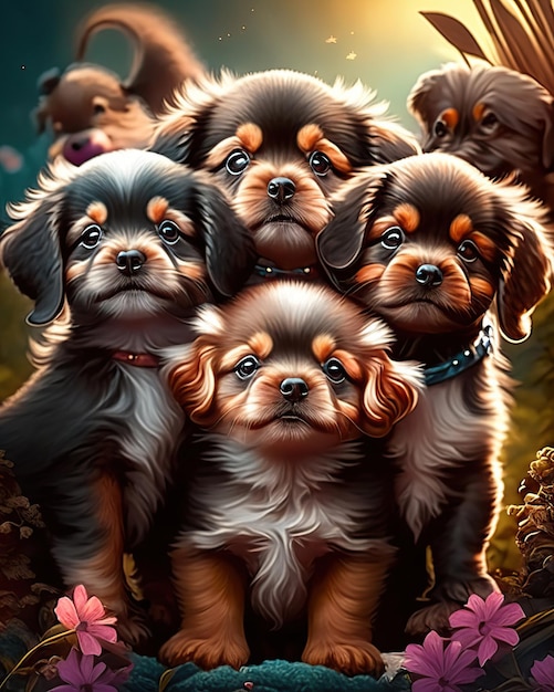 Een groep leuke puppy honden samen.