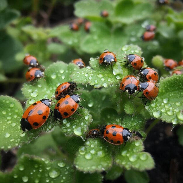 Foto een groep lieveheersbeestjes zit op een groene plant met waterdruppeltjes erop.