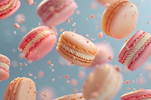 Foto een groep macarons vliegt door de lucht