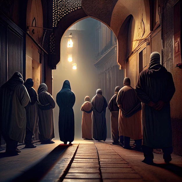 Een groep mannen bidt 's nachts in een moskee